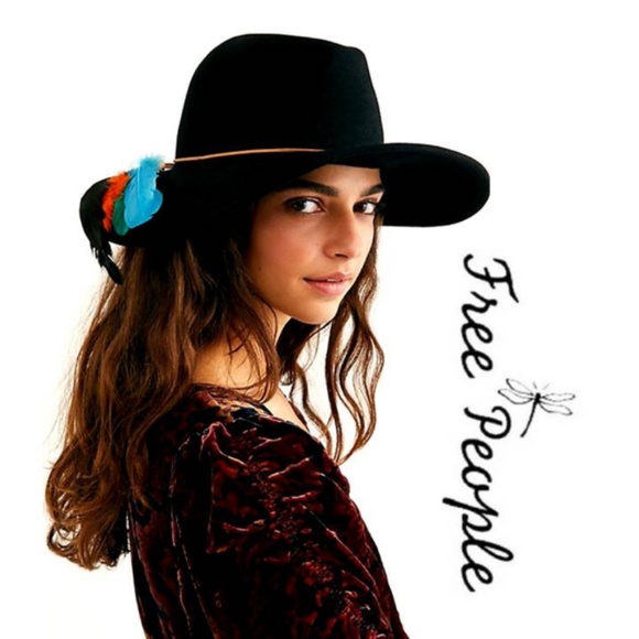 Free People Marlow Fedora Ranger Boho Wool Western Feather Hat in Black
